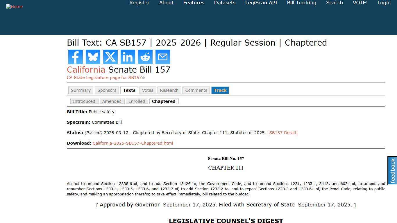 Bill Text: CA SB157 2025-2026 Regular Session Chaptered LegiScan
